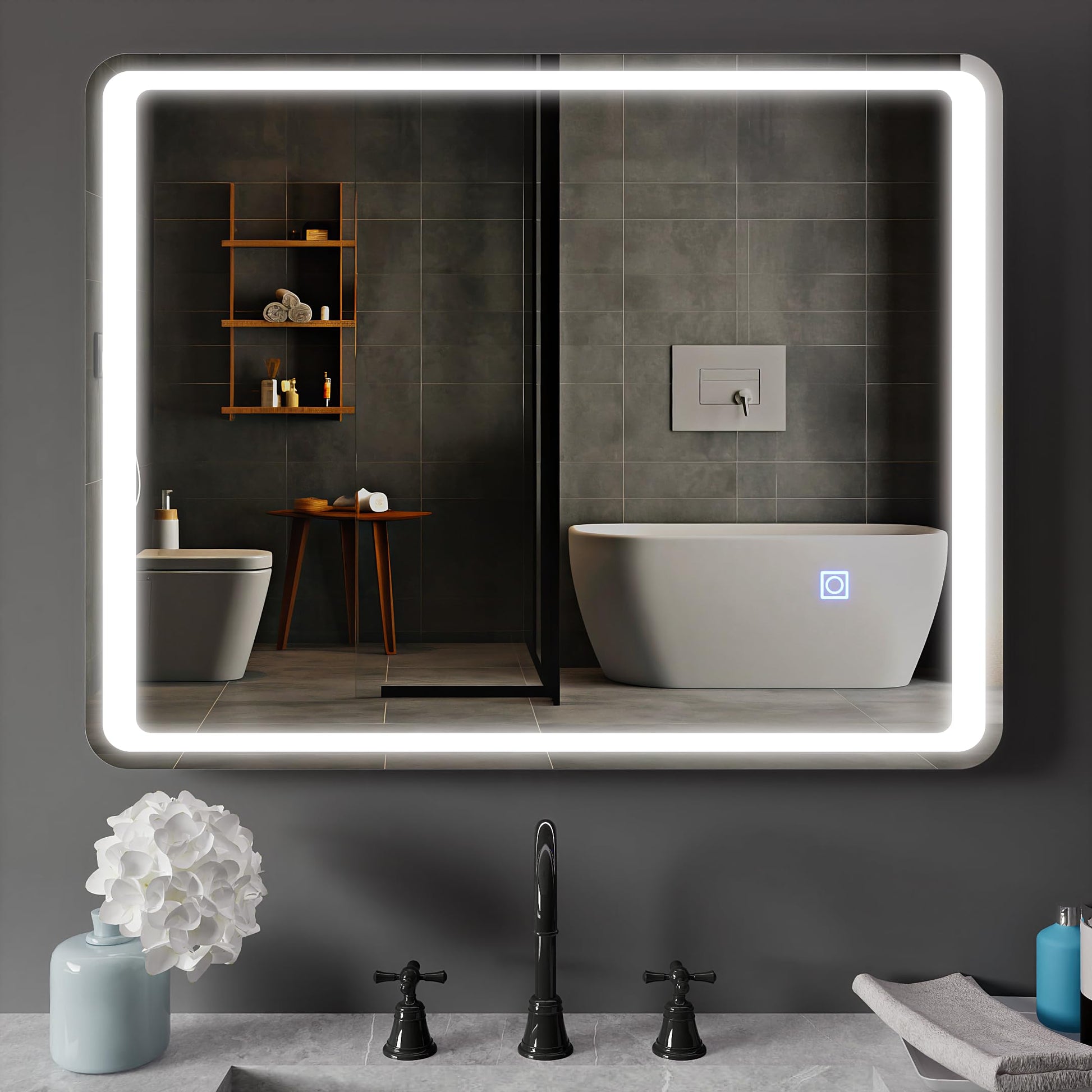 BELOFAY Bathroom LED Mirror, Illuminated Bathroom Toughened Unbreakable Glass Mirror with LED Lights Dimmable Anti-fog Shatter-Proof Tempered Wall Mirrors with Demister Pad