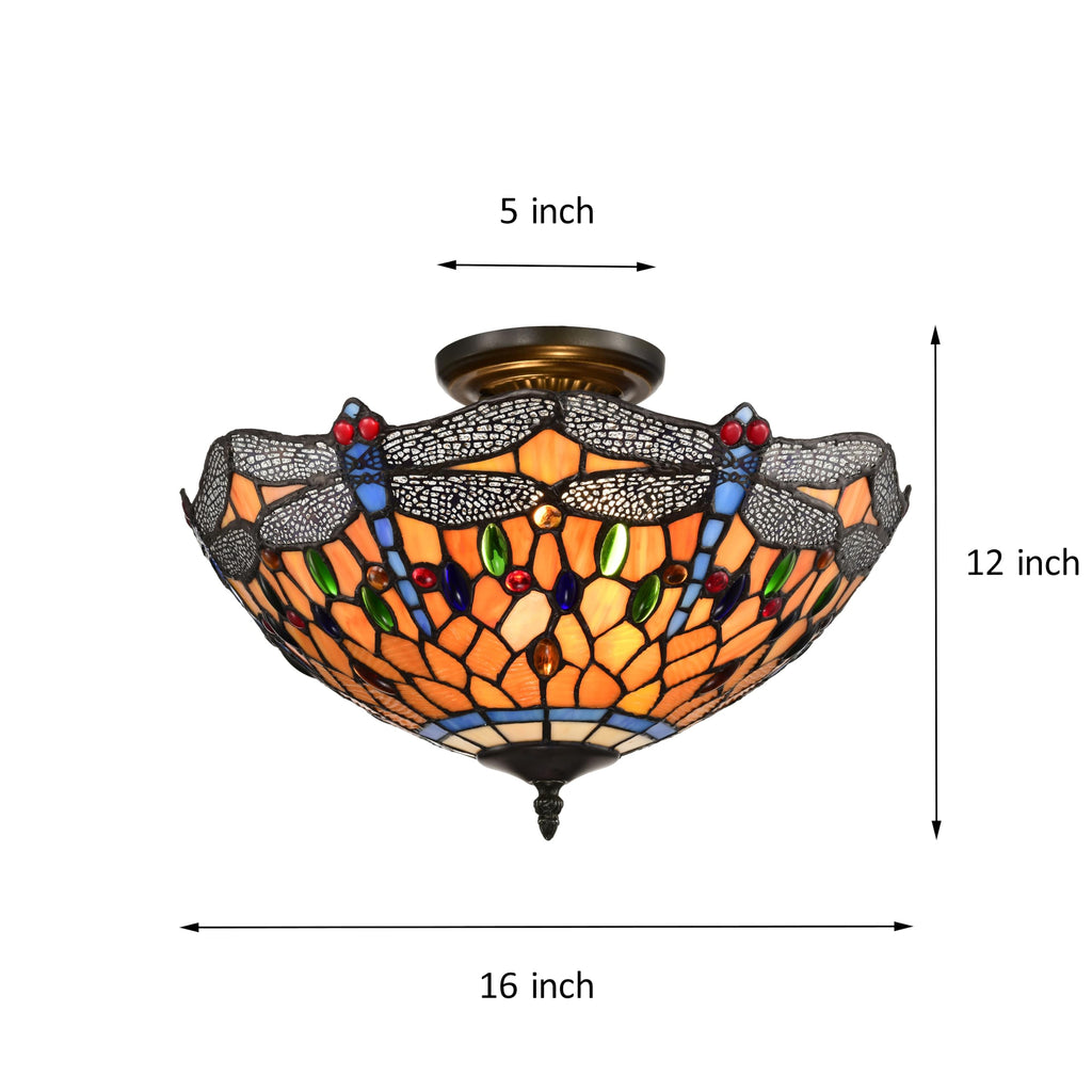 BELOFAY Dragonfly Tiffany Ceiling Light Stained Glass Art Deco Handmade Uplighter Shade Ceiling Lights for Living Room, Bedroom, Dining Room and Kitchen