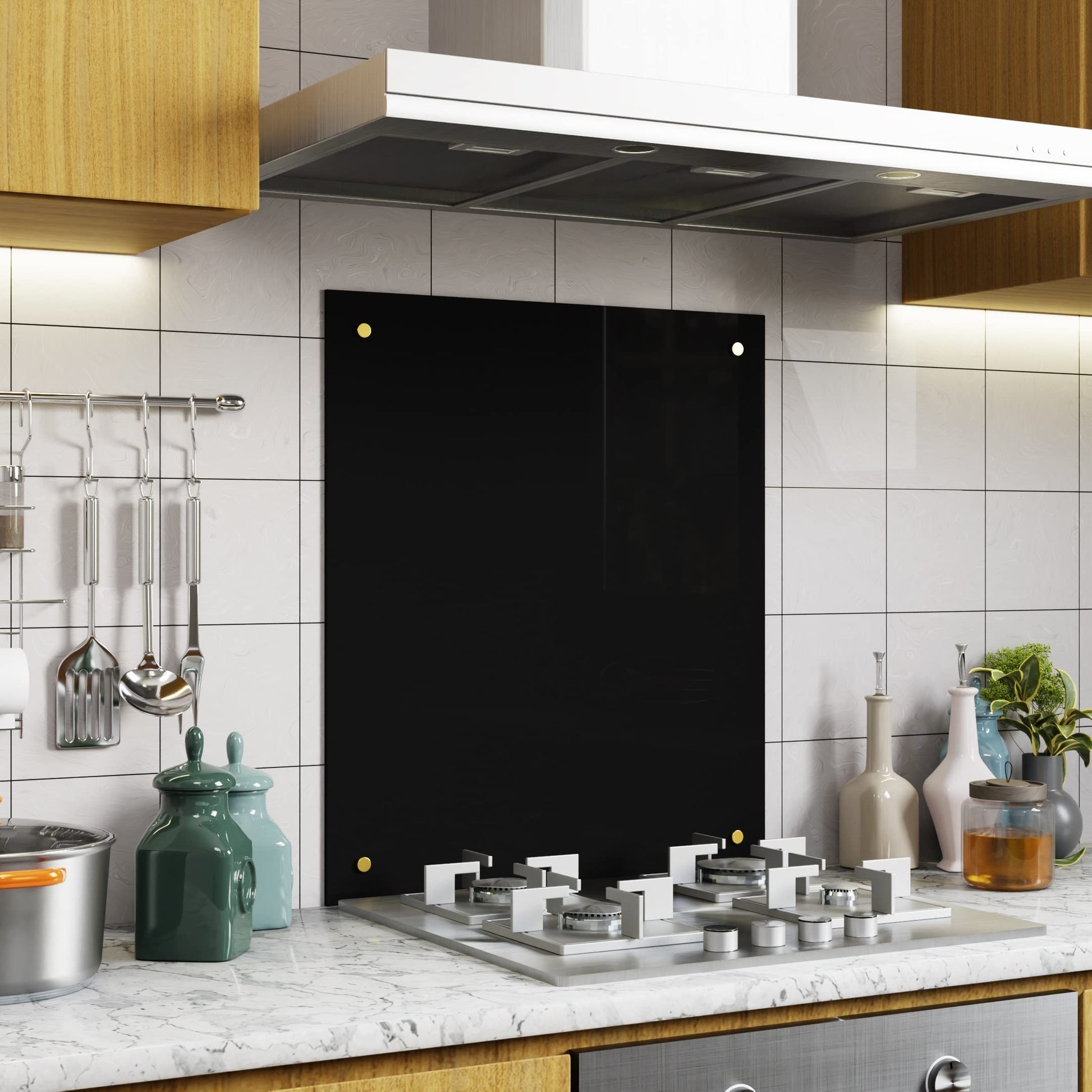 BELOFAY 6mm Black Tempered Glass Splashback for Kitchen, Toughened Glass Heat Resistant Splashbacks for Cookers | Pre-Drilled Holes with Fittings