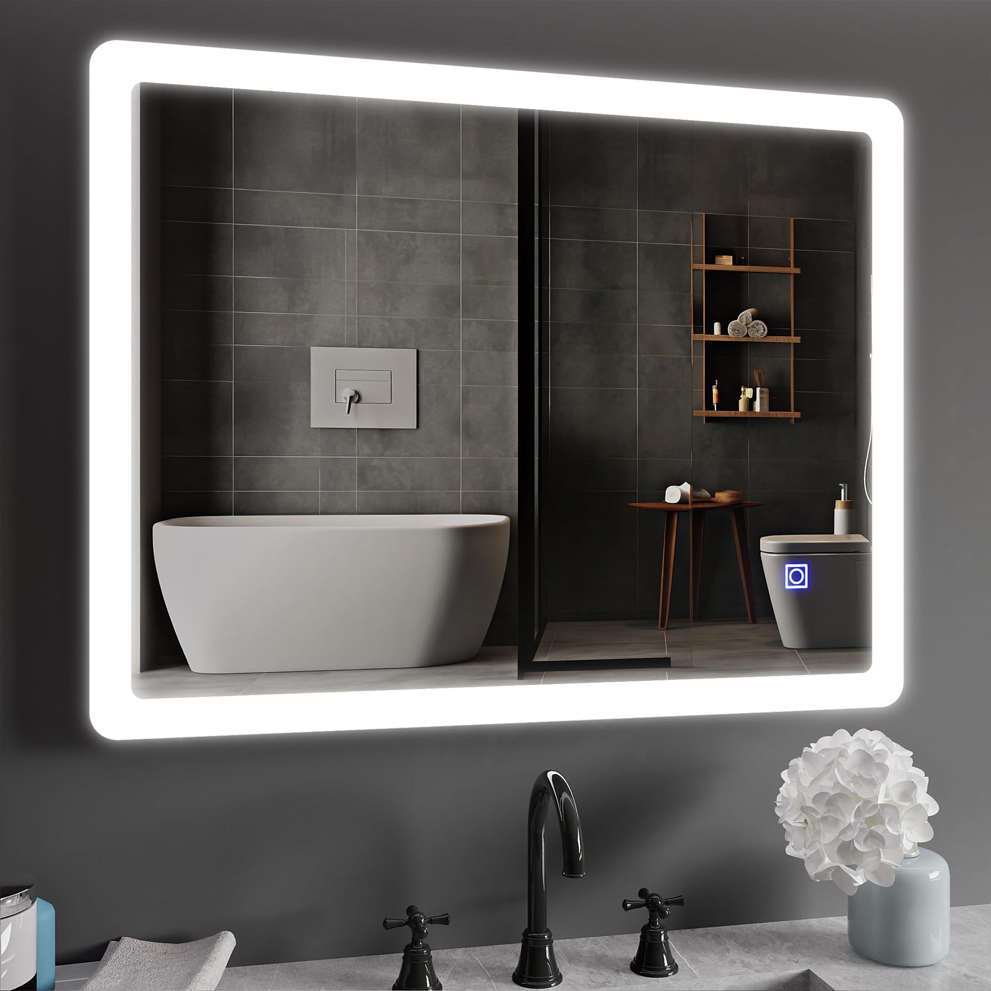 BELOFAY Bathroom LED Mirror, Illuminated Bathroom Toughened Unbreakable Glass Mirror with LED Lights Dimmable Anti-fog Shatter-Proof Tempered Wall Mirrors with Demister Pad
