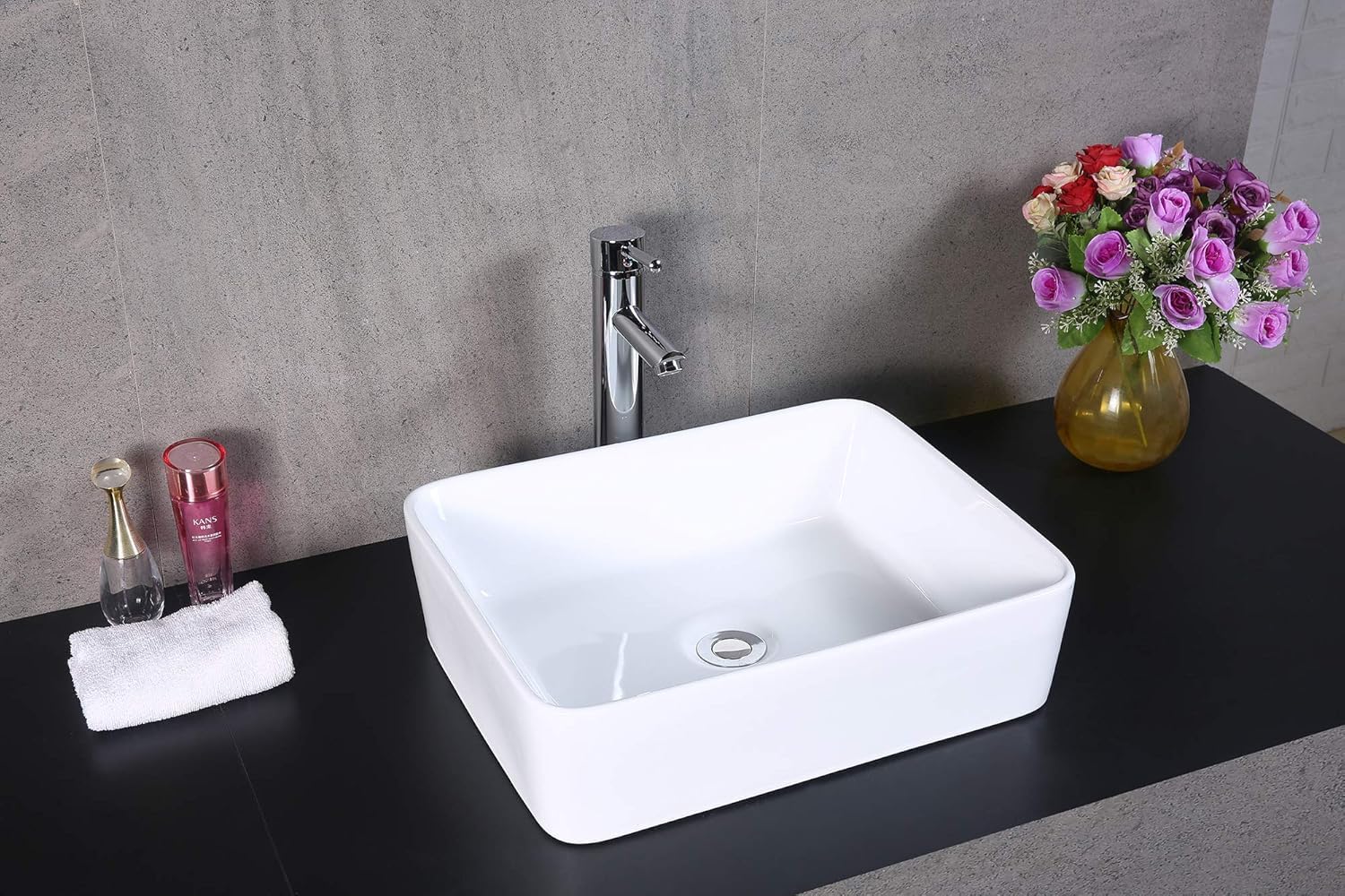 BATHROOM COUNTERTOP CERAMIC BASIN SINK WITH TAP, WASTE AND CHROME BOTTLE TRAP