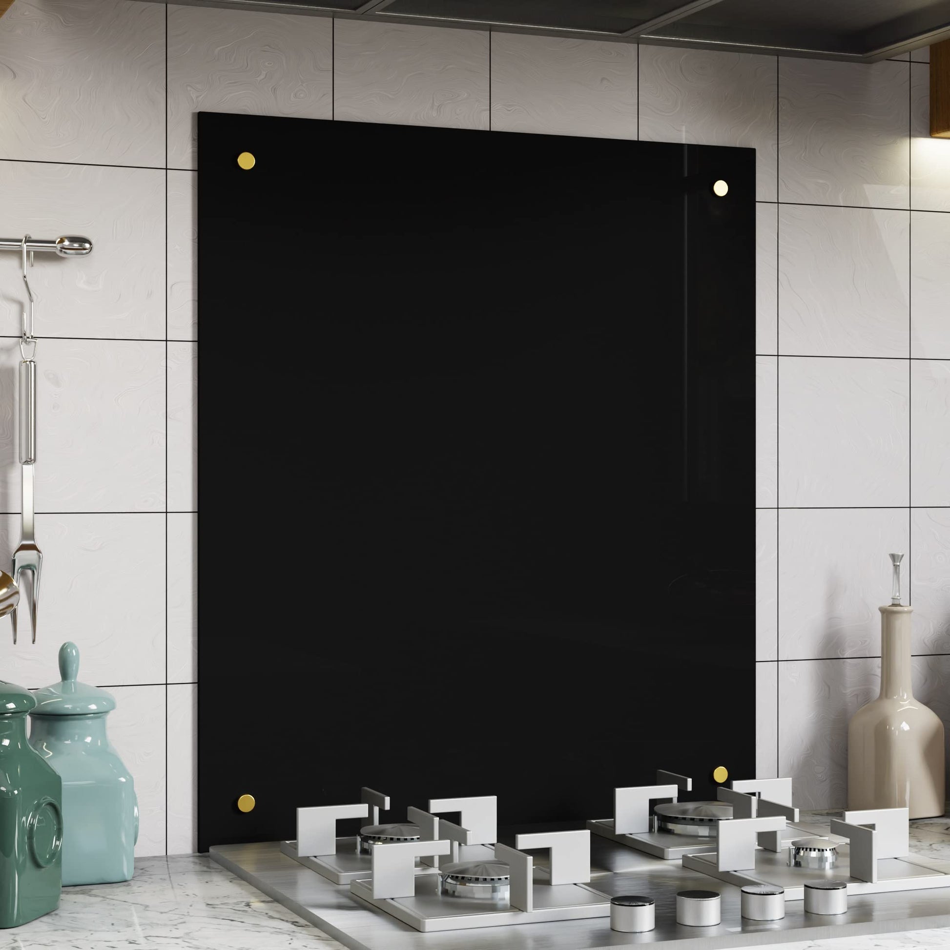 BELOFAY 6mm Black Tempered Glass Splashback for Kitchen, Toughened Glass Heat Resistant Splashbacks for Cookers | Pre-Drilled Holes with Fittings
