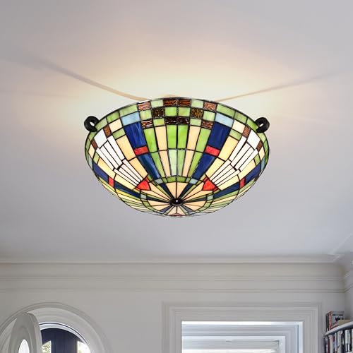 BELOFAY Semi Flush Tiffany Ceiling Light Stained Glass Art Deco Handmade Uplighter Shade Ceiling Lights for Living Room, Bedroom, Dining Room and Kitchen