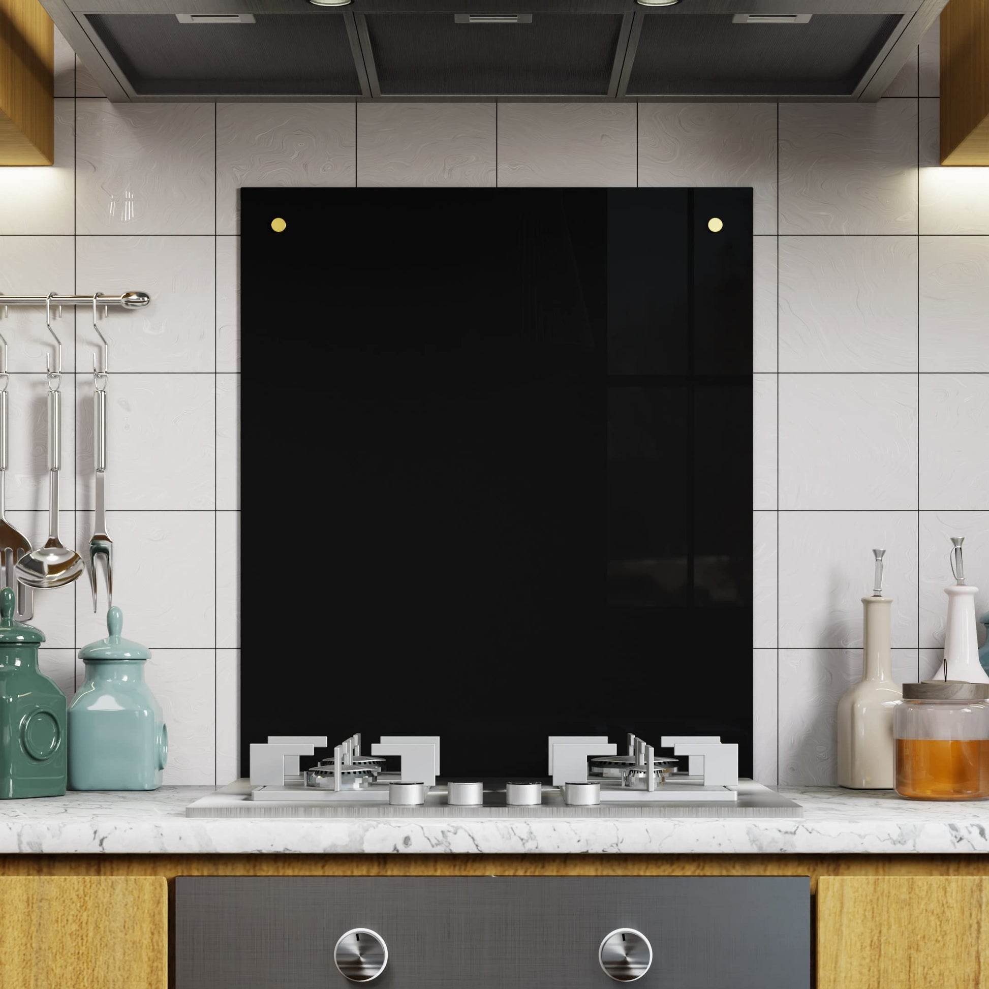 BELOFAY 6mm Black Tempered Glass Splashback for Kitchen, Toughened Glass Heat Resistant Splashbacks for Cookers | Pre-Drilled Holes with Fittings