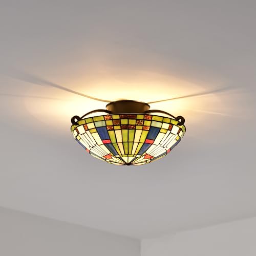 BELOFAY Semi Flush Tiffany Ceiling Light Stained Glass Art Deco Handmade Uplighter Shade Ceiling Lights for Living Room, Bedroom, Dining Room and Kitchen